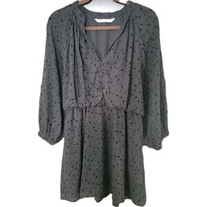 Zara Shift Dress Womens M Black Chiffon Velvet Floral V Neck Button Pullover